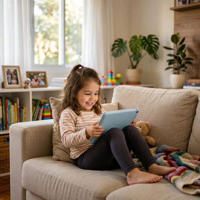 Criança assistindo tranquila no tablet, sem anúncios