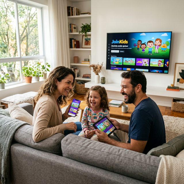 Família assistindo JoinKids na TV, celular e tablet