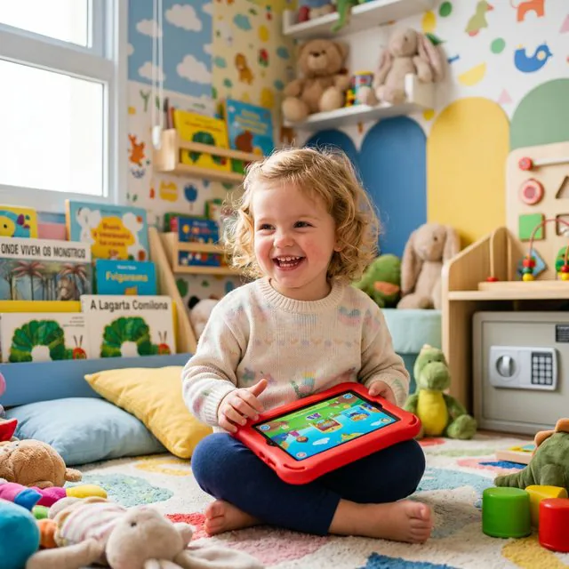 Criança pequena sorrindo com tablet em quarto infantil